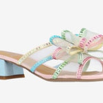 Colorful pastel heel with a light blue block heel front view