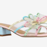Colorful pastel heel with a light blue block heel front view
