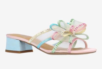 Colorful pastel heel with a light blue block heel front view