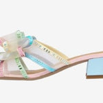 Colorful pastel heel with a light blue block heel side view