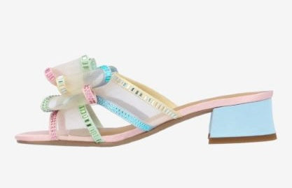 Colorful pastel heel with a light blue block heel side view
