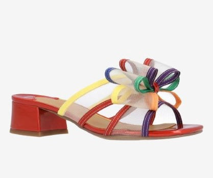 Multicolored heel with bow and red heel side view