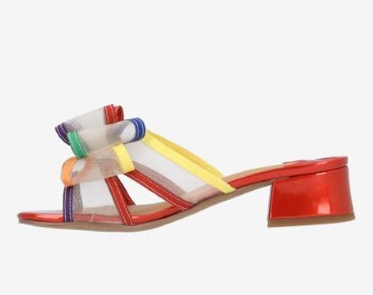 Multicolored heel with bow and red heel inside view
