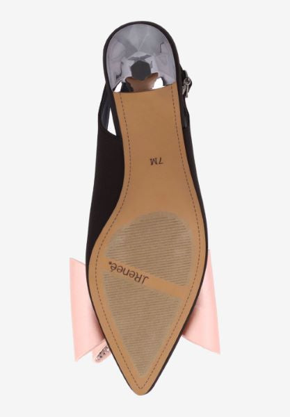 Black high-heeled shoe with pink bow sole