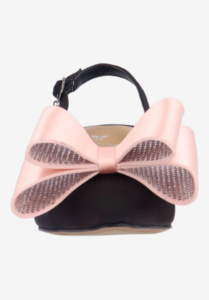 Black high-heeled shoe with pink bow toe box