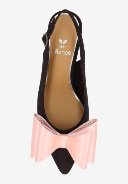 Black high-heeled shoe with pink bow top view