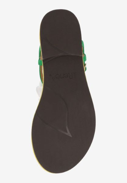 Green sandal with a white flower and yellow heel sole