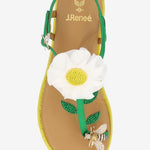 Green sandal with a white flower and yellow heel top view