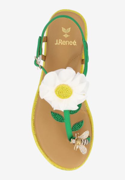 Green sandal with a white flower and yellow heel top view