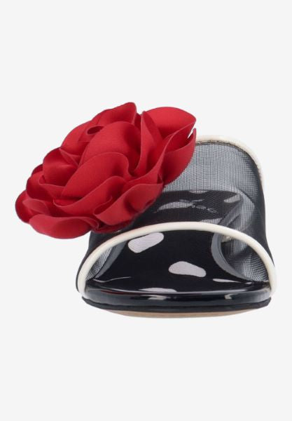 Black heel with a red flower and white/transparent strap toe box