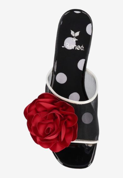 Black heel with a red flower and white/transparent strap top view