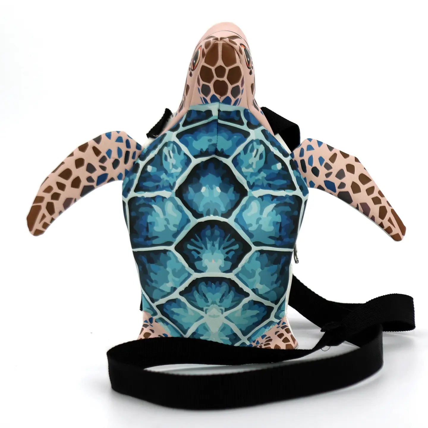 Turtle-shaped bag with blue shell pattern close-up