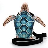 Turtle-shaped bag with blue shell pattern close-up