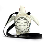 Turtle-shaped bag with blue shell pattern back