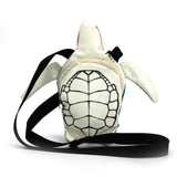 Turtle-shaped bag with blue shell pattern back