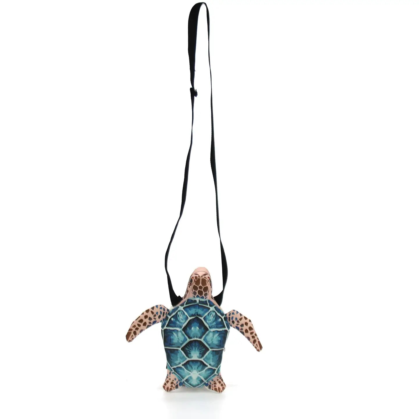 Turtle-shaped bag with blue shell pattern strap