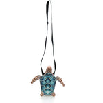 Turtle-shaped bag with blue shell pattern strap