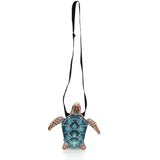 Turtle-shaped bag with blue shell pattern strap