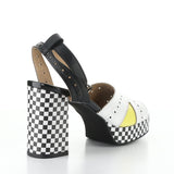 High-heeled platform shoe with checkered heel and yellow/white toe strap side view