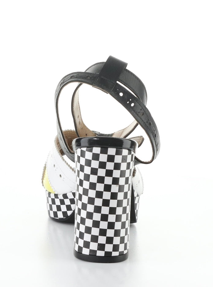 High-heeled platform shoe with checkered heel and yellow/white toe strap heel view