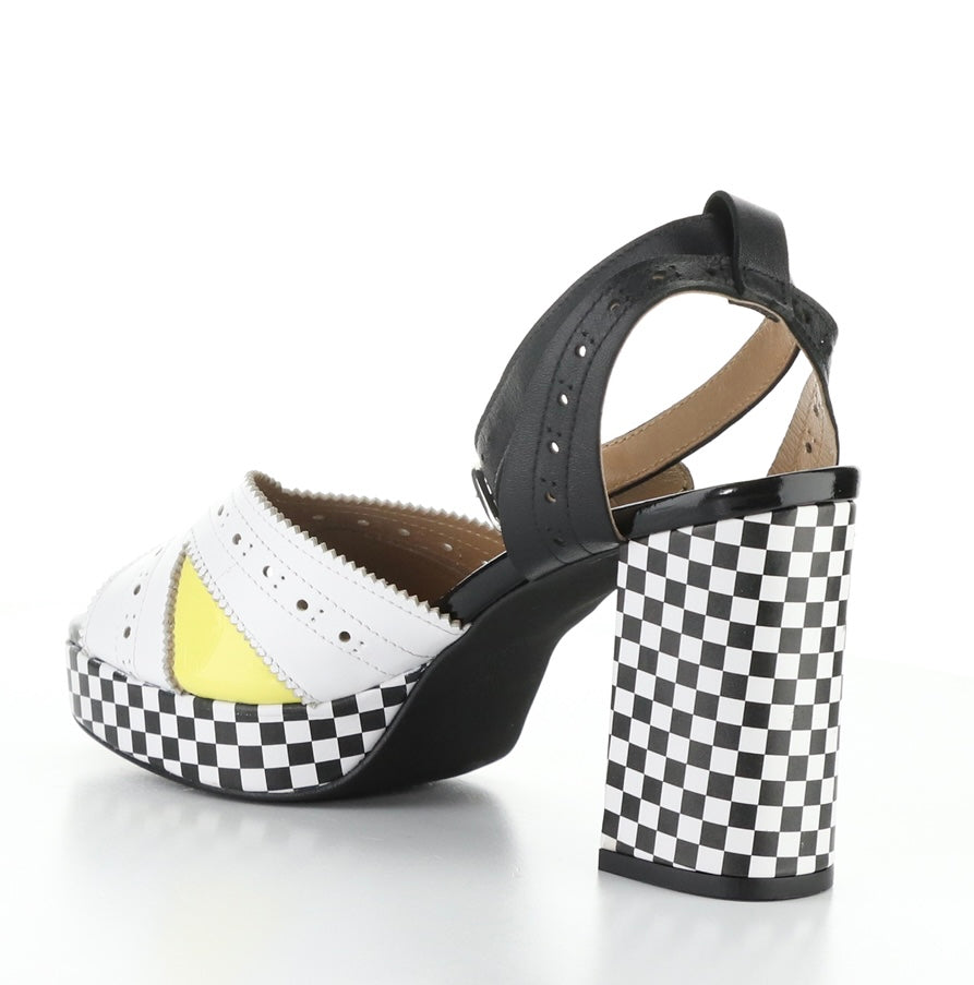 High-heeled platform shoe with checkered heel and yellow/white toe strap inside view