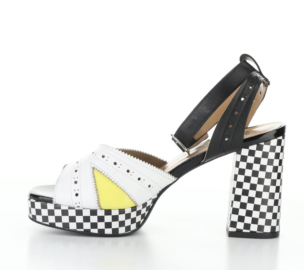 High-heeled platform shoe with checkered heel and yellow/white toe strap inside alternate view