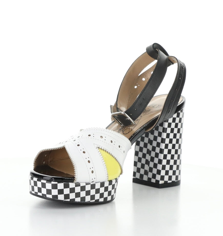 High-heeled platform shoe with checkered heel and yellow/white toe strap front view