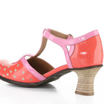 Red polka dot shoe with pink strap and buckle closure inside alternate view