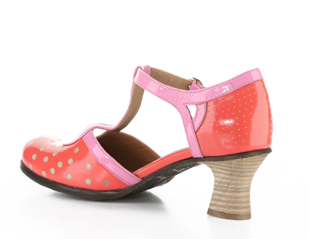Red polka dot shoe with pink strap and buckle closure inside alternate view