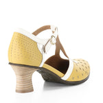 Yellow polka-dot shoe with white straps and buckle closure heel view