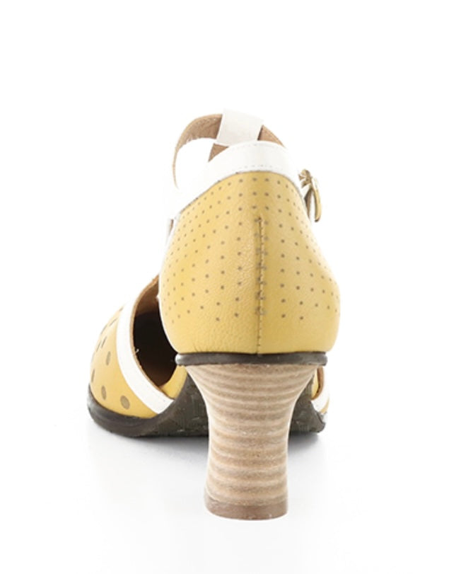 Yellow polka-dot shoe with white straps and buckle closure alternate heel view