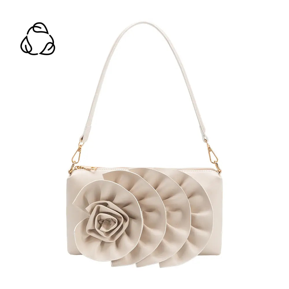 White handbag with floral design, brass clasps and white strap