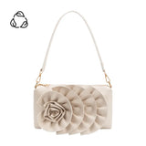 White handbag with floral design, brass clasps and white strap