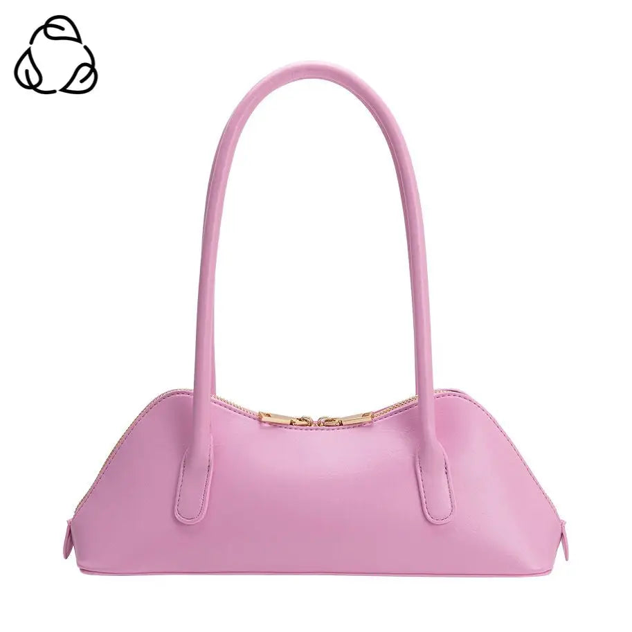 Pink handbag with a gold zipper and pink hand strap close-up