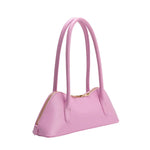Pink handbag with a gold zipper and pink hand strap alt view