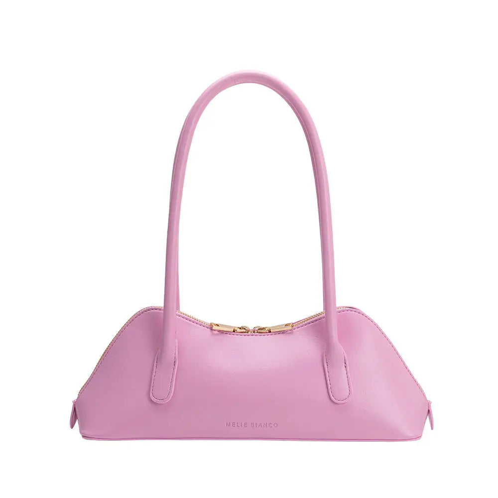Pink handbag with a gold zipper and pink hand strap back