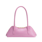 Pink handbag with a gold zipper and pink hand strap back