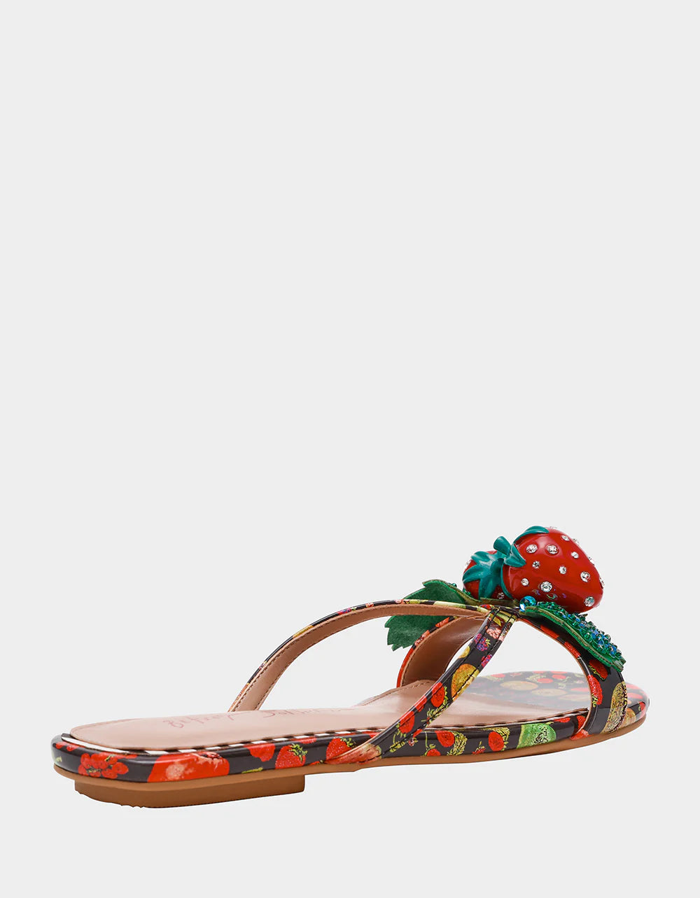 Colorful sandal with a decorative strawberry on toe strap heel alternate view