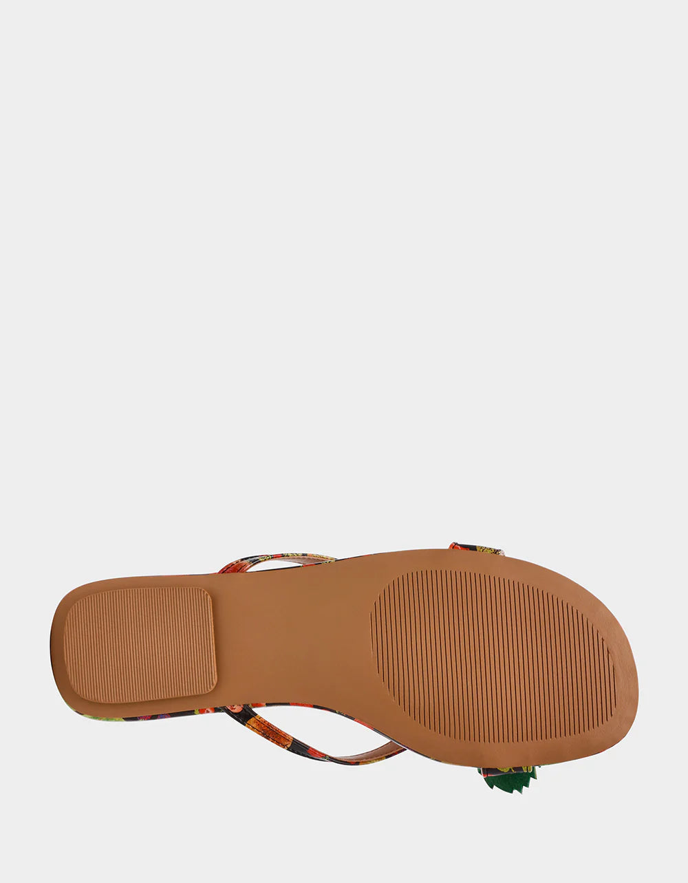 Colorful sandal with a decorative strawberry on toe strap sole view