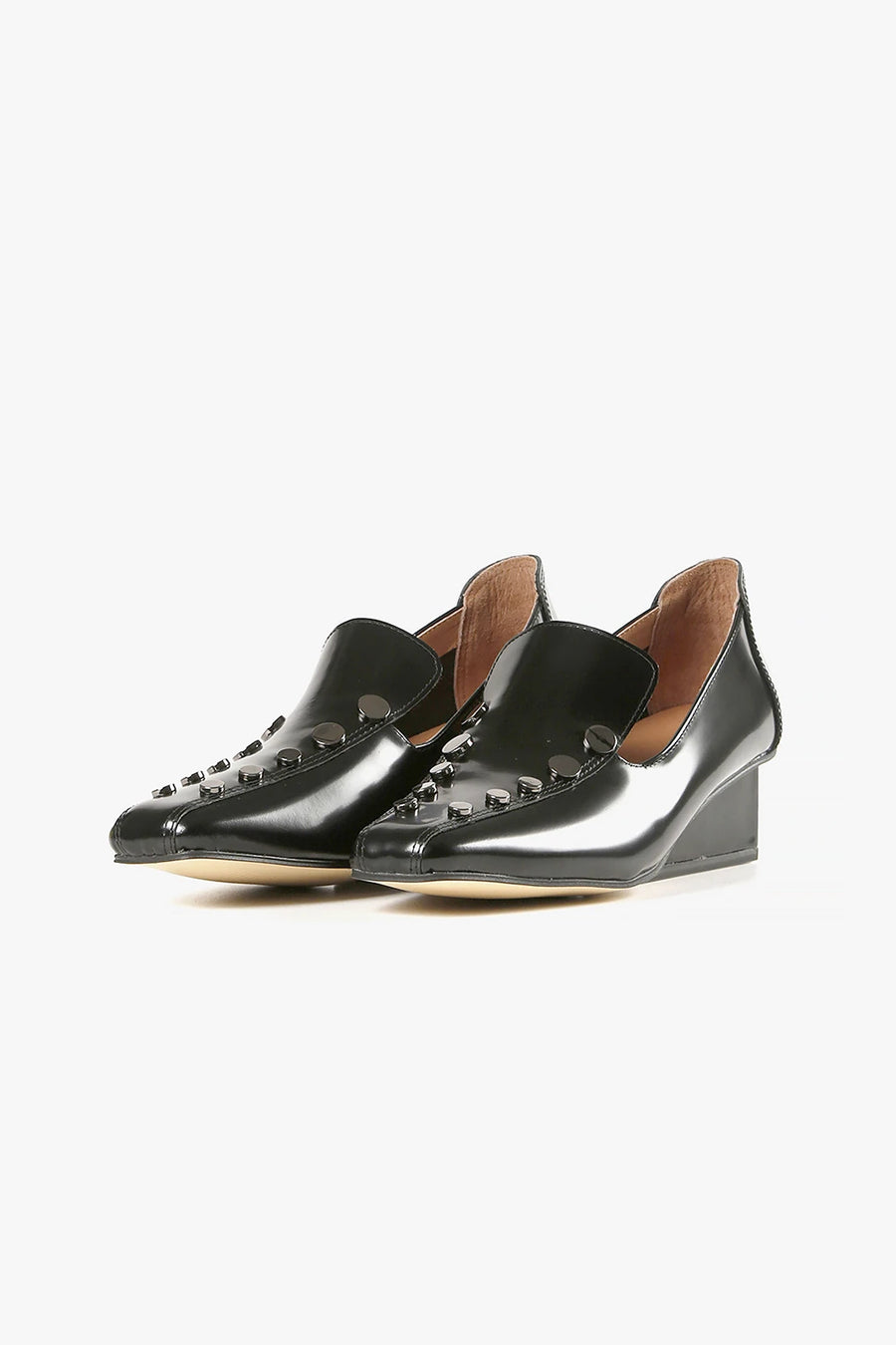 All Black Square Stud Wedge Loafer E044