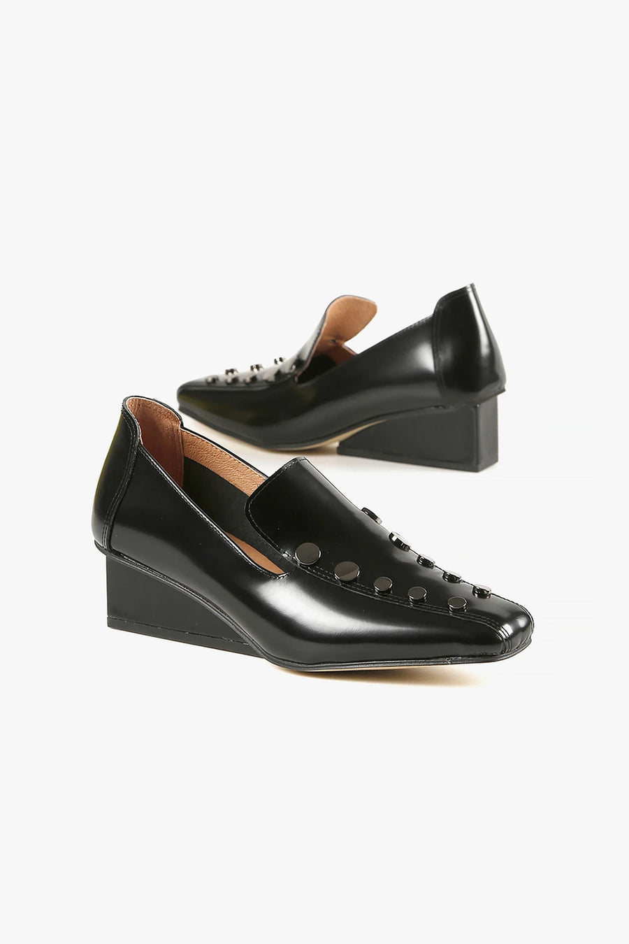 All Black Square Stud Wedge Loafer E044