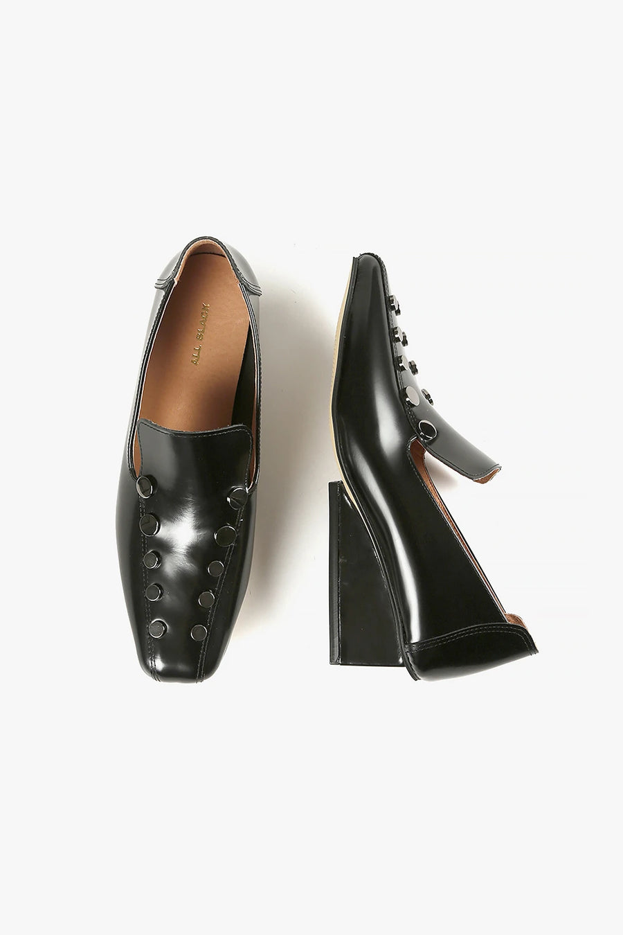 All Black Square Stud Wedge Loafer E044