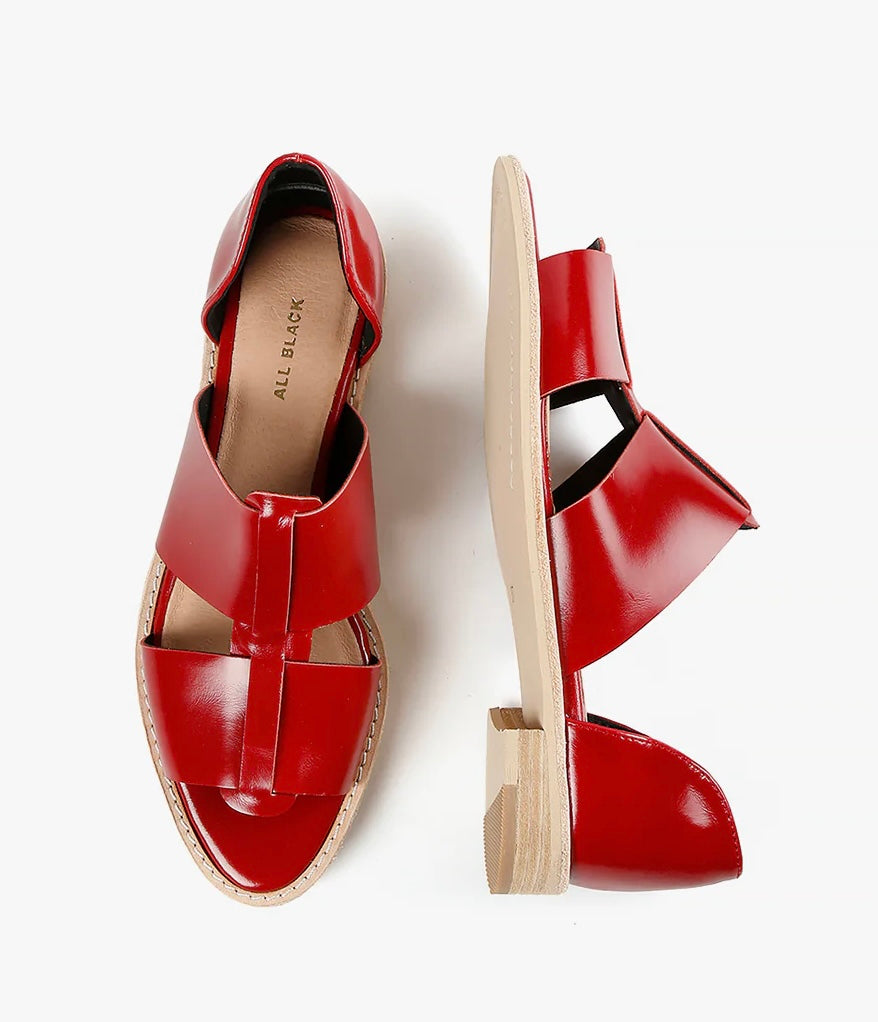 Red sandal with beige sole top and side view