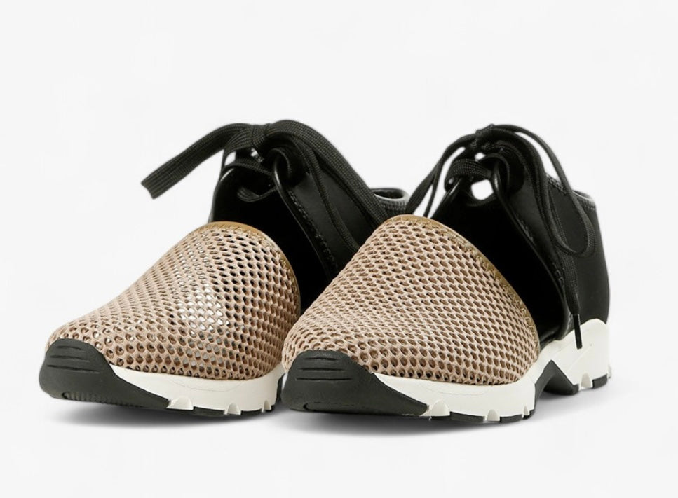 Black sneaker with beige mesh toe box with a white sole pair