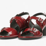 Red heel with decorative straps block block heel and buckle closure pair