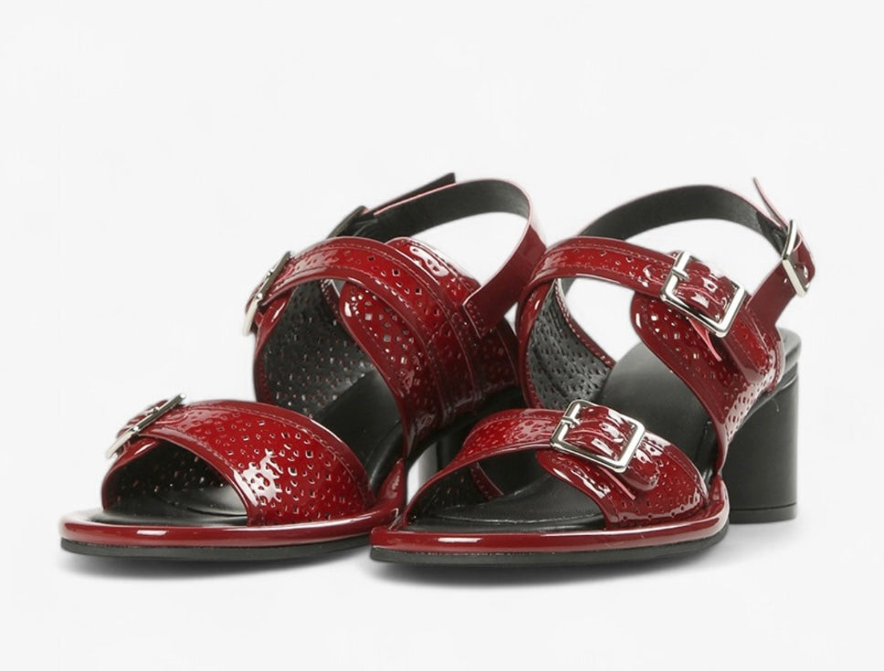Red heel with decorative straps block block heel and buckle closure pair