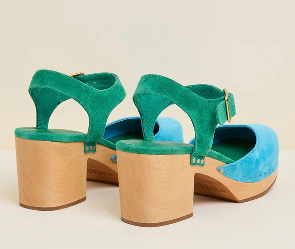 Green and blue suede shoe with golden buckle and wooden heel pair from back