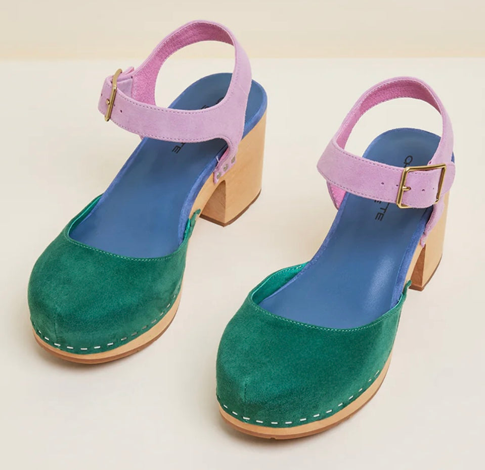Green and blue suede clog shoe with pink strap with gold strap, and wooden sole pair from front top
