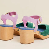 Green and blue suede clog shoe with pink strap with gold strap, and wooden sole pair from back