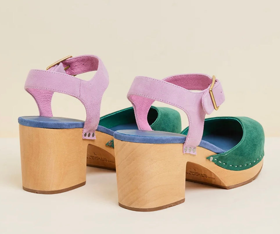 Green and blue suede clog shoe with pink strap with gold strap, and wooden sole pair from back